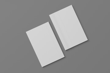 2 softcover book mockups are standing on a gray background, designed with 3D render visual effects that are indistinguishable from reality. A mockup, with flashy white covers resembling a real book.
