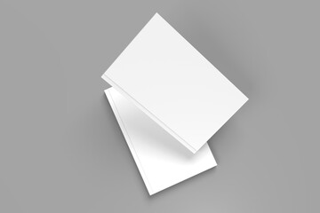 2 softcover book mockups are standing on a gray background, designed with 3D render visual effects that are indistinguishable from reality. A mockup, with flashy white covers resembling a real book.