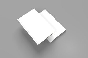 2 softcover book mockups are standing on a gray background, designed with 3D render visual effects that are indistinguishable from reality. A mockup, with flashy white covers resembling a real book.