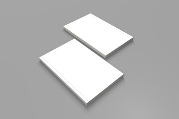 2 softcover book mockups are standing on a gray background, designed with 3D render visual effects that are indistinguishable from reality. A mockup, with flashy white covers resembling a real book.