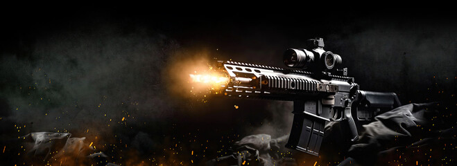 generic assault riffle shooting firepower bullets isolated on black background for special operations and tactical team concepts as banner with copyspace area - Generative AI