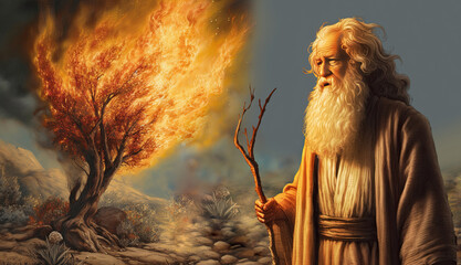 Moses and burning bush. Ai generated illustration.