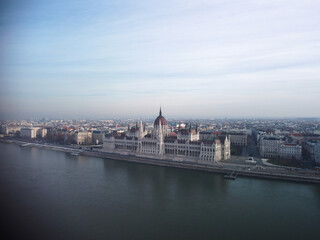 Naklejka na ściany i meble Panoramic view from above on landmarks of Budapest at summer sunset, Hungary