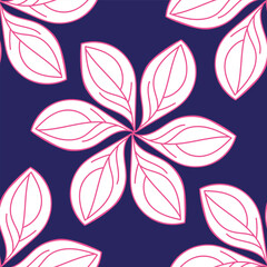 White flowers with pink outline on blue background repeat in symmetrical pattern. Serene and calming, perfect for decor or fabric design.