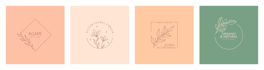 Set of vector floral emblems.Natural logo designs with linear branches,frames.Modern eco or bio badges in trendy minimalist style.Branding boho design templates.Letters with Agape means love