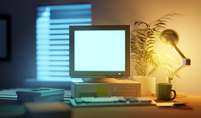 Home office scene with a classic 1990s classic desktop PC. 3D illustration