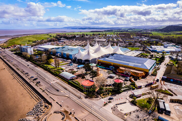 Aerial shot of Butlins Holiday resort and beachfront, Minehead. UK