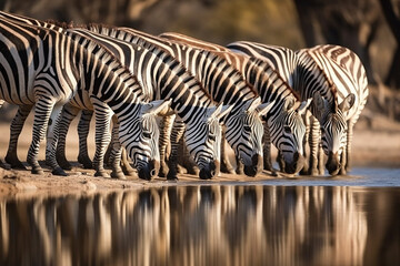 Herd of Zebras at the watering hold quenching their thirst created using Generative AI technology