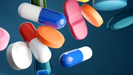 Falling Medicine pills and capsules close up. 3D illustration.