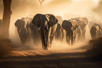 Elephant herd at sunset running towards the camera created with Generative AI technology