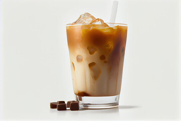 iced coffee with milk and ice cubes in a glass, generative AI