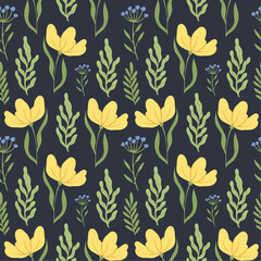 Vector seamless pattern with hand drawn flowers on dark background