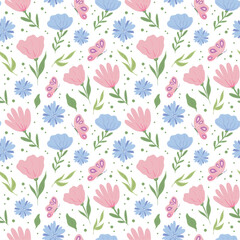 Seamless pattern design with pink butterflies and small spring flowers on white background