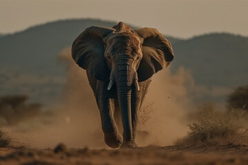 Great African elephant running towards the camera created with Generative AI technology