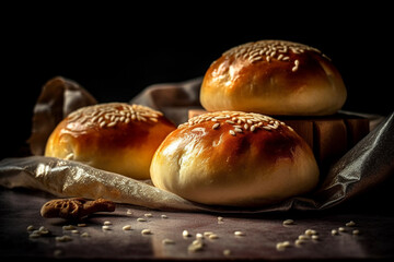 Freshly baked, delicious bread buns with sesame seeds on a black background created with Generative AI technology