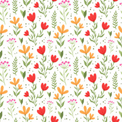 Hand drawn vector pattern with small colorful flowers. Spring seamless pattern with meadow floral elements