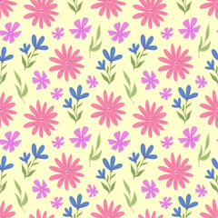 Vector seamless pattern design with cute flowers and leaves. Spring and summer seamless wallpaper