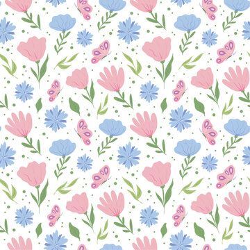 Seamless pattern design with pink butterflies and small spring flowers on white background © Alina Lisnycha