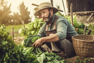 A man, a gardener holding and showing his organic vegetable and fruit crops. The concept of healthy eating and self-growing healthy food. Generative ai