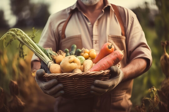 A man, a gardener holding and showing his organic vegetable and fruit crops. The concept of healthy eating and self-growing healthy food. Generative ai