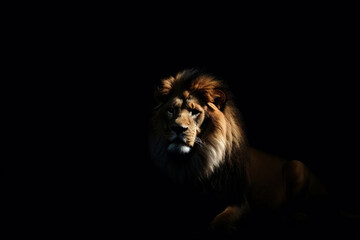 Plakat Portrait of long-maned male lion on black background. Studio shot.