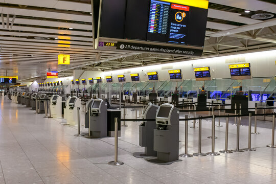 Airport check in desks at Heathrow Airport