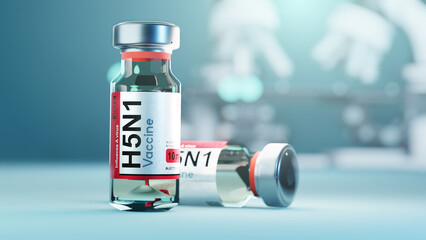 A vaccine vial of H5N1,  avian influenza disease vaccination development concept. 3D illustration. - obrazy, fototapety, plakaty