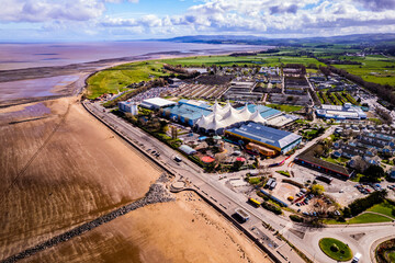Aerial shot of Butlins Holiday resort and beachfront, Minehead. UK