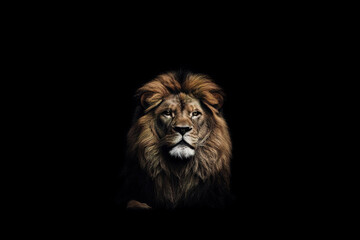 Obraz na płótnie Canvas Portrait of long-maned male lion on black background. Studio shot.