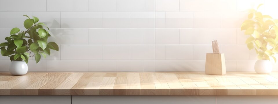 Modern kitchen countertop mockup, wood countertop with blank wall for product placings, generative ai illustration