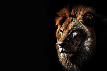 Naklejka na ściany i meble Portrait of long-maned male lion on black background. Studio shot.