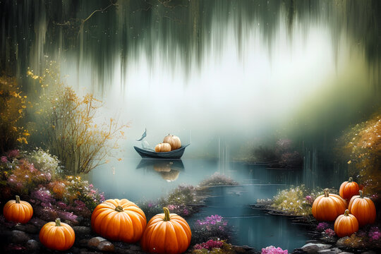 Pumpkins In The Spooky Pond. The Concept Of The Holiday Of The Night Of All Saints And Scary Dark Fairy Tales In The Autumn Harvest Season.