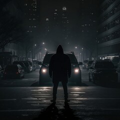 Hooded Man Standing in the Middle of a City Street at Night Generative AI