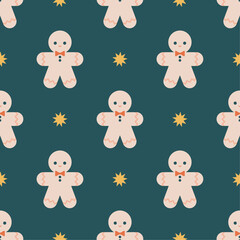 Holiday Gingerbread Man Cookie Seamless Background Pattern. Vector Illustration.