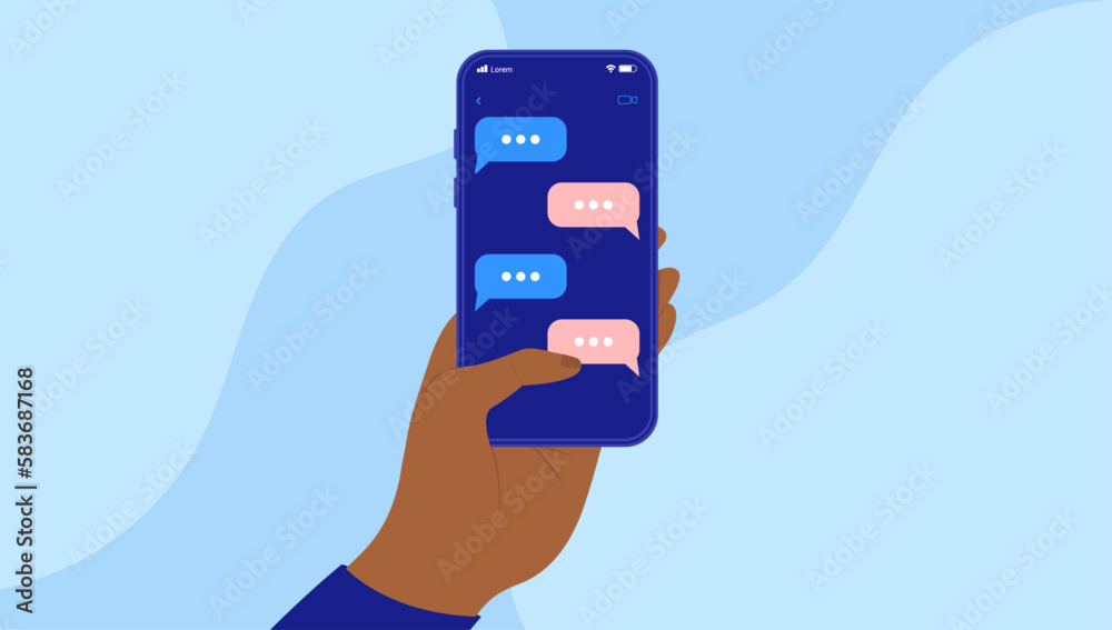 Poster phone texting - hand holding mobile phone with text messages on screen. flat design vector illustrat