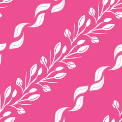 Diagonal white leaves, branches, and buds on a pink background create a seamless pattern that's both delicate and playful.