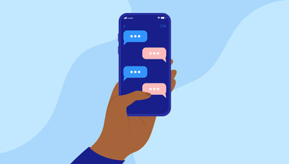 Phone texting - Hand holding mobile phone with text messages on screen. Flat design vector illustration with blue background