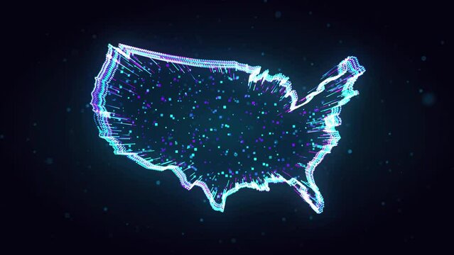 Blue Purple Shiny Mainland United States Of America Map 3d Lines Effect With Square Dots Particles Motion Reveal On Dark Bluish Glitter Dust, 5-15 Sec Seamless Loop