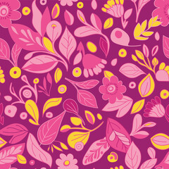 Pink and yellow flowers with leaves on a dark pink background create a vibrant and bold seamless pattern, perfect for bold design projects.