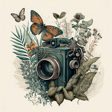 vintage photo camera surrounded by plants and butterflies