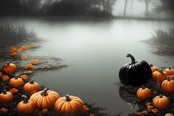 Pumpkins on the background of a pond. The concept of the holiday of the night of all saints and scary dark fairy tales in the autumn harvest season.