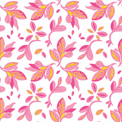 A seamless pattern of pink and yellow leaves on a white background creates a fresh and cheerful design, perfect for spring and summer.