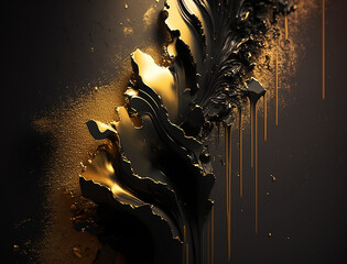 Splashes of black gold on a wall, amazing texture, gritty, uniform light background