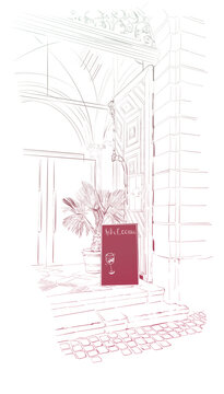 European street cafe. Hand drawing of the old city. Vector illustration in vintage style. Palm tree menu and billboard, entrance to store, cafe or restaurant. Suitable for menu, booklet, invitation, p