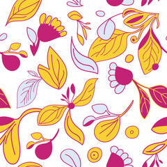 Yellow and pink leaves and flowers on a white background create a simple and stylish seamless pattern.