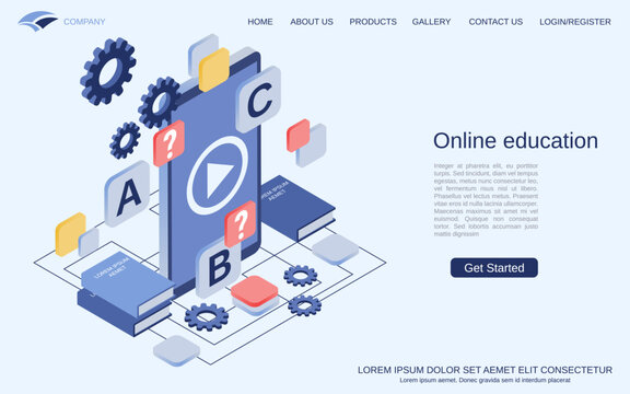 Online education, distant learning, teaching flat 3d isometric vector concept illustration