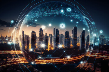 digital data concept connection buisiness smart web futuristic background technology with skyline view of skyscrapers at nighttime and eveningtime lights inside a bubble