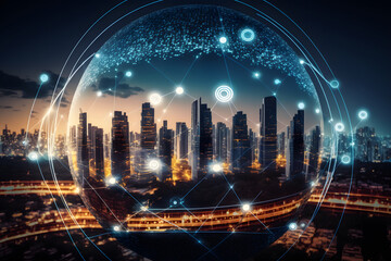 Fototapeta premium digital data concept connection buisiness smart web futuristic background technology with skyline view of skyscrapers at nighttime and eveningtime lights inside a bubble