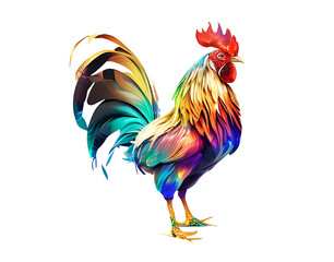 Watercolor iridescent rooster illustration in isolated white background created with Generative AI technology