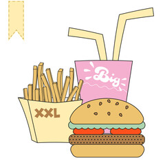 Big set of fast food lunch Hamburger fries drink set illustration 2d
